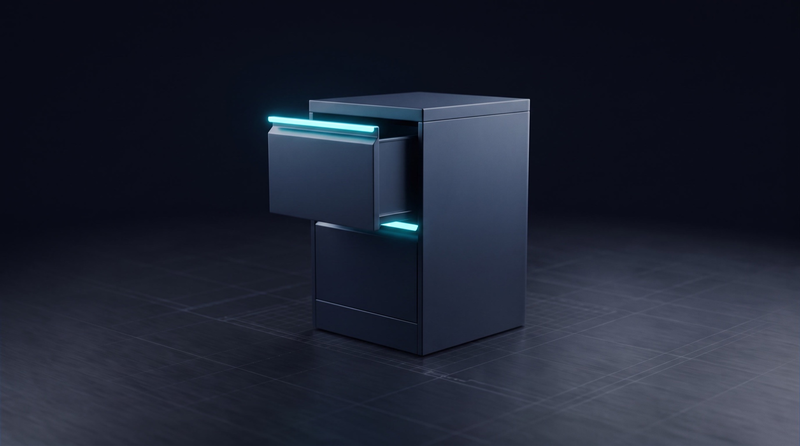 A filing cabinet with its top drawer pulled open, the drawer handle lit cyan.
