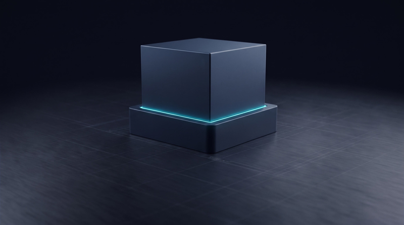 Un bloc posé sur un socle à sa mesure, la jointure éclairée en cyan.