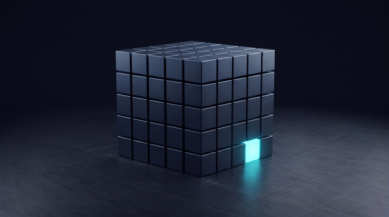 Un grand cube fait de petits cubes, dont un seul s'allume en cyan près du coin inférieur.