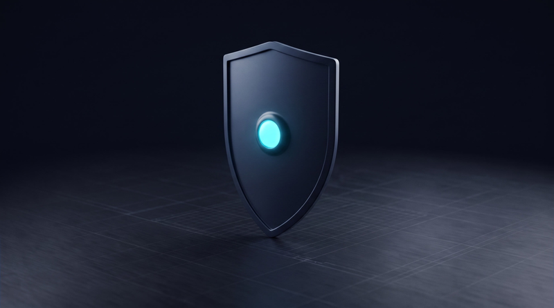 Un bouclier dressé, le bouton en son centre éclairé en cyan.