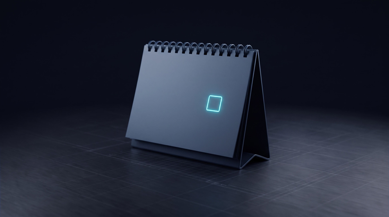 A spiral desk calendar with blank pages and a single square outlined in cyan.