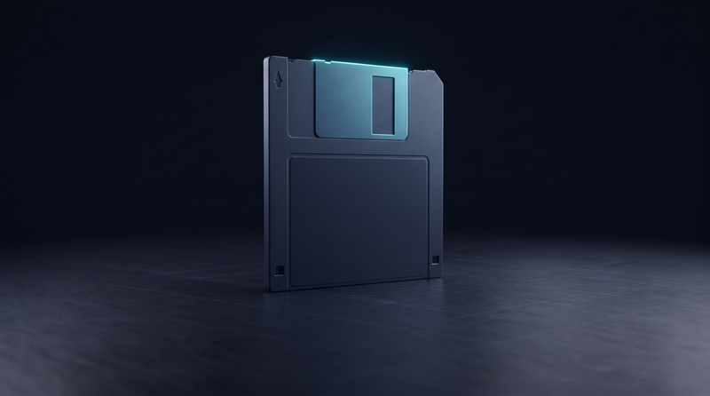 A floppy disk standing upright, its metal shutter lit cyan.