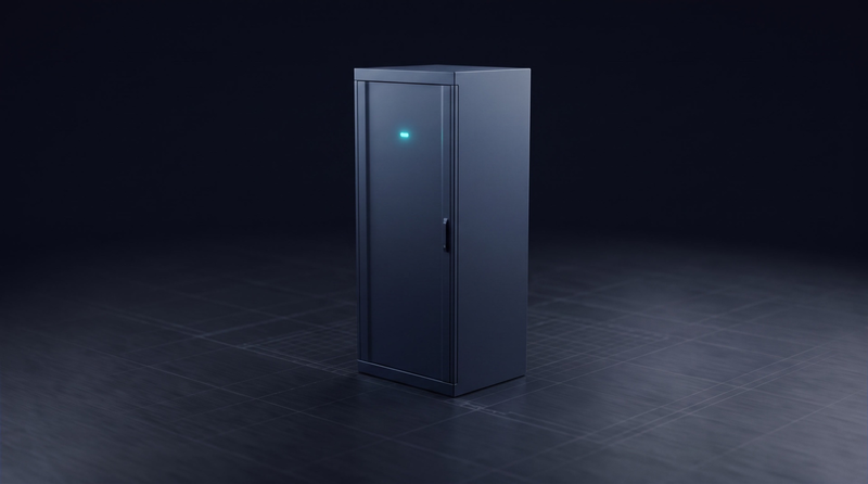 Une baie de serveurs fermée, un seul voyant cyan sur la porte.