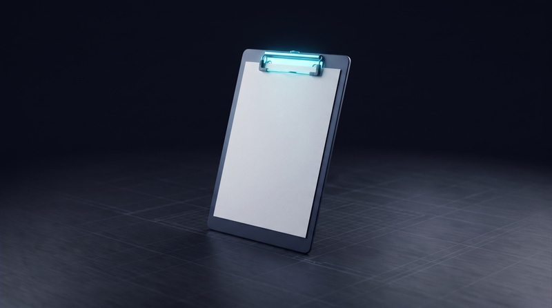 A clipboard holding a blank sheet, its clip glowing cyan.
