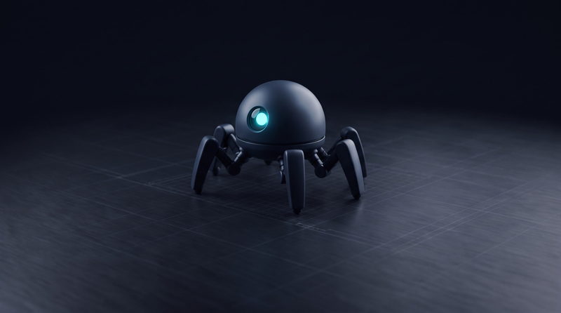 Un petit robot à pattes au corps en dôme, son œil unique éclairé en cyan.
