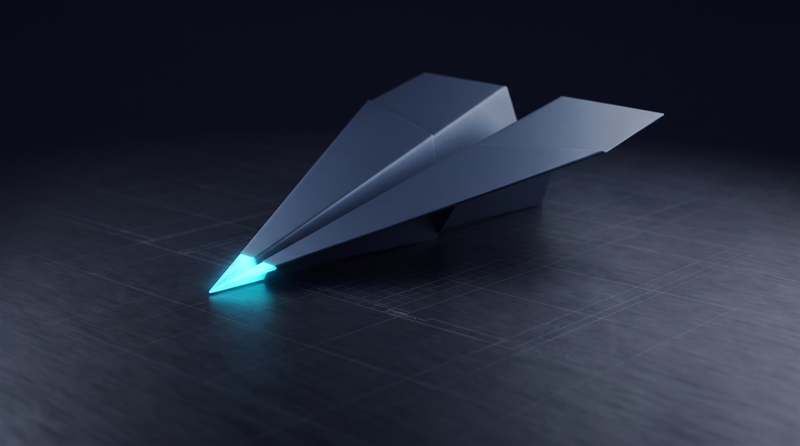 A folded paper plane resting on the floor, its nose glowing cyan.