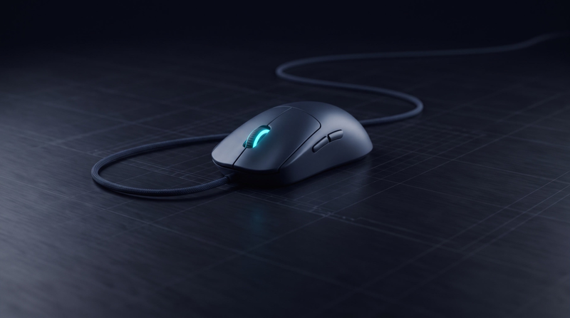 A computer mouse with its long cable trailing off into the dark, scroll wheel lit cyan.