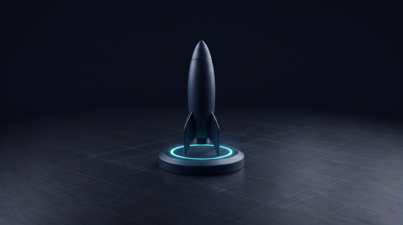 A rocket standing on its launch pad, the ring at its base lit cyan.