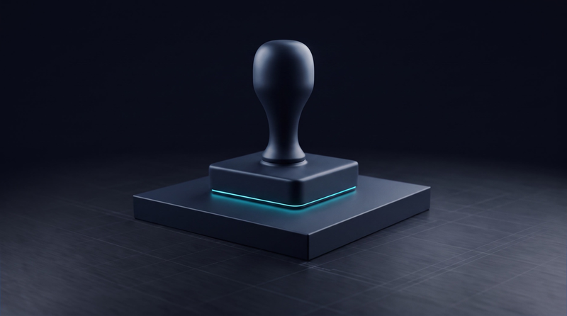 A rubber stamp resting on a plate, the edge where they meet glowing cyan.