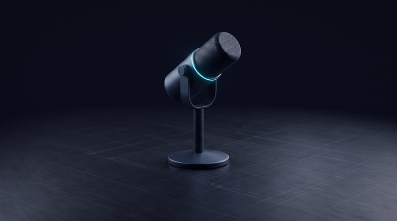 A studio microphone on a desk stand, with a cyan ring at the base of its grille.