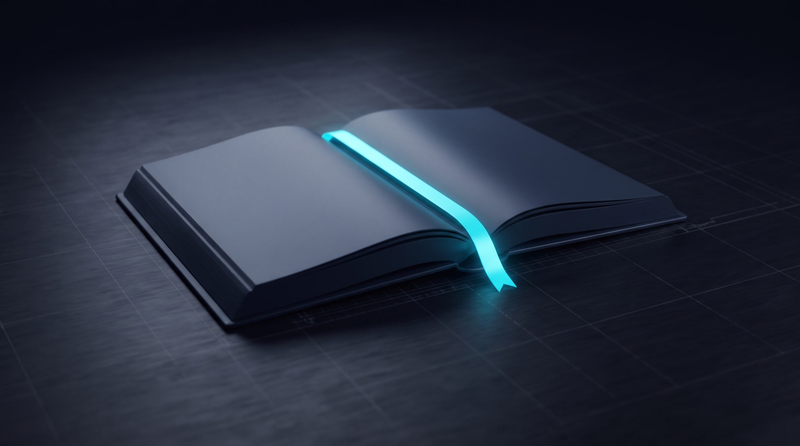 Un livre ouvert aux pages vierges, un signet cyan posé en travers.