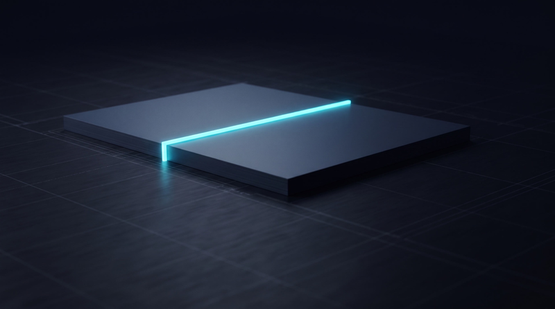 Une feuille épaisse traversée par une barre de lumière cyan, comme sous un scanner.