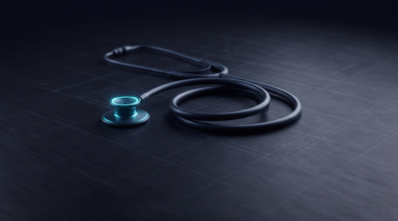 Un stéthoscope enroulé au sol, le pavillon éclairé en cyan.