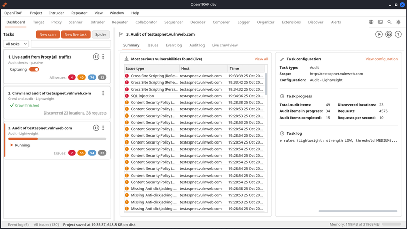 Le tableau de bord après un audit : les tâches à gauche et, au centre, les vulnérabilités les plus graves trouvées sur un site de test, dont du cross-site scripting et une injection SQL.
