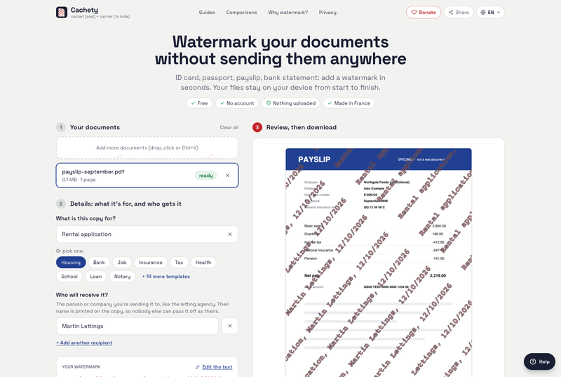 Un bulletin de paie en aperçu, barré en diagonale par « Rental application », le nom de l'agence et la date, à côté des champs motif et destinataire.