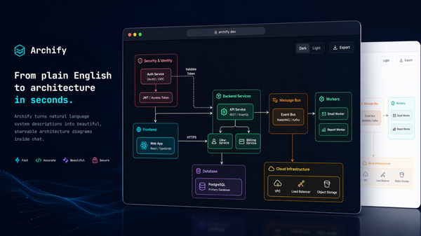 Schéma d'architecture en thème sombre dans une fenêtre de navigateur, avec services, bus de messages et PostgreSQL, et sa version claire en arrière-plan.