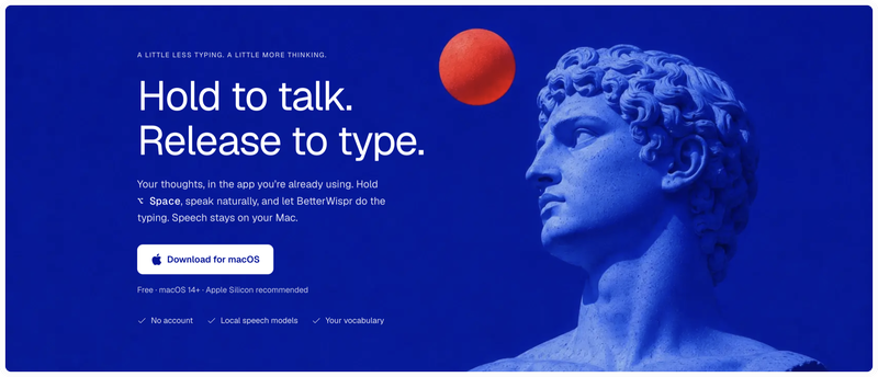 A blue-tinted classical bust next to the line "Hold to talk. Release to type." and a download button for macOS.